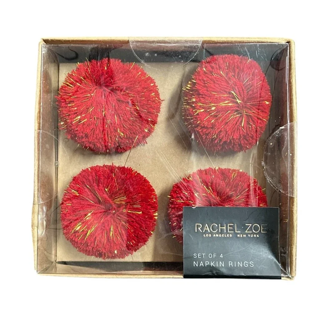 Rachel Zoe Holiday Napkin Rings Red Pom Pom Gold Metallic Threads‎ Set Of 4